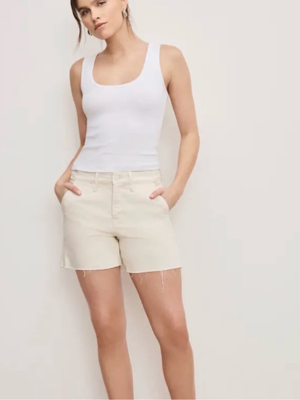 Good American Carpenter Long Shorts High Waisted Ecru Light Khaki 16 NWT